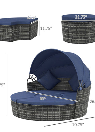4-piece Cushioned Outdoor Rattan Wicker Sunbed or Conversational Sofa Set with Sun Canopy, Dark Blue