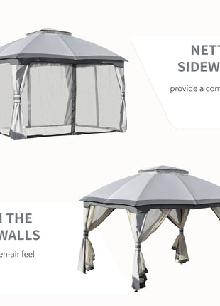 10' x 12' Outdoor Gazebo, Patio Gazebo Canopy Shelter w/Double Vented Roof, Zippered Mesh Sidewalls, Solid Steel Frame, Grey