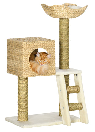 Cattail Weave Cat Tree for Indoor Cats Kitty Tower with Rattan Cat Condo, Wicker Bed, Ladder, Washable Cushions, 22.5" x 14.5" x 39.5", Natural