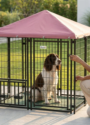 Welded Wire Outdoor Dog Kennel with 360° Rotating & 4 Levels Adjustable Bowls, Waterproof Cover, 4.6' x 4.6' x 5'