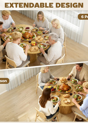 Extendable Dining Table for 6, 60" Farmhouse Kitchen Table with 2-Tier Storage Shelf and Fluted Sliding Doors, Natural