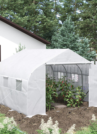 11.5' x 10' x 6.5' Walk-in Greenhouse, Tunnel Green House with Zippered Door and 6 Mesh Windows, Gardening Plant Hot House with Galvanized Steel Frame, White