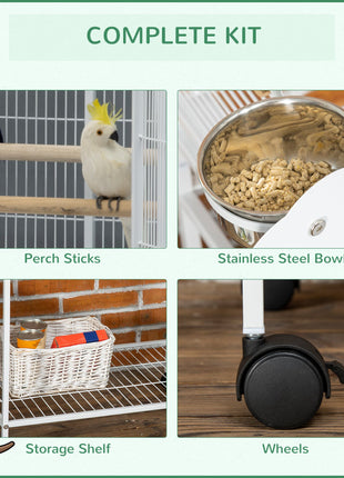 55" Large Parrot Cage with Toy Hooks Above Top Bird Perch, Tray, Food Cups, Rolling Stand, Bird Cage for Cockatiels, Parakeets, Lovebirds