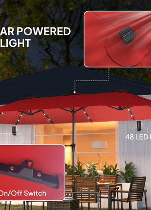 13ft Double-Sided Market Umbrella, Large Patio Umbrella with Solar Lights, Crank Handle for Garden, Pool, Yard, Wine Red