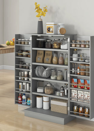 Freestanding Kitchen Pantry Cabinet, Kitchen Cabinet with 12 Door Shelves, Double Doors, 5-tier Shelving, Gray