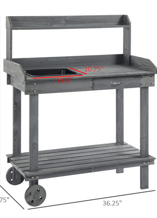 36'' Wooden Potting Bench Work Table with 2 Removable Wheels, Sink, Drawer & Large Storage Spaces, Gray