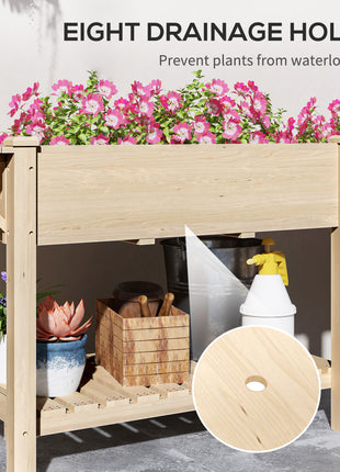 Wood Raised Garden Box, Elevated Garden Bed with Side Table, Bottom Shelf, Bed Liners and Drainage Holes, Natural