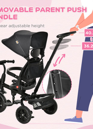 Kids Tricycle, 4 in 1 Foldable Trike with Reversible Seat, Adjustable Parent Handle, Safety Harness, Wheel Brakes, Removable Canopy, Storage, Tricycle for Toddlers 1-5 Years, Black