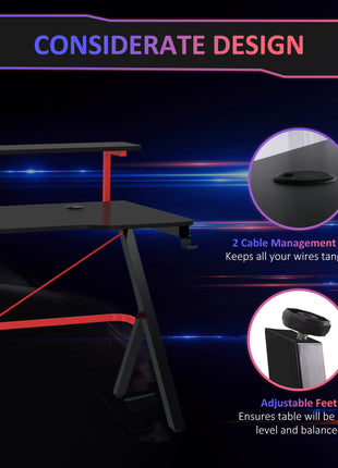 47 Inch Gaming Desk Racing Computer Desk Home Office Workstation with Elevated Monitor Shelf Rotatable Cup Holder Headphone Hook, Black