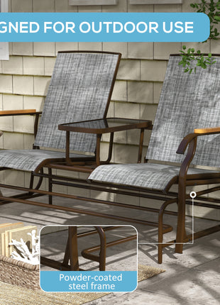 Outdoor 2-Person Glider Bench, Outside Glider Swing Chair Loveseat with Table, Steel Frame, Gray