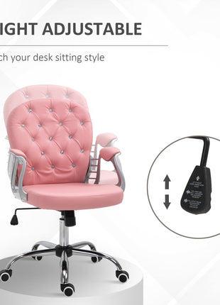 Makeup Vanity Chair, PU Leather Computer Task Chair with Button Tufted, Padded Armrests, Adjustable Height and Swivel Wheels, Pink