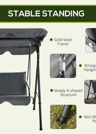 3-Seat Outdoor Patio Swing Chair w/ Cushion, Steel Frame Stand, Adjustable Tilt Canopy for Patio, Garden, Gray