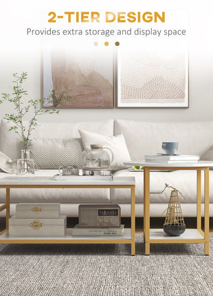 Coffee Tables Set of 2, Rectangle and Round Coffee Table with Storage Shelves, Faux Marble Top, Living Room Table Set