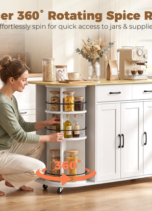 53" Kitchen Island with Power Outlet and Drop Leaf, Kitchen Cart on Wheels with 360° Rotating Rack, White