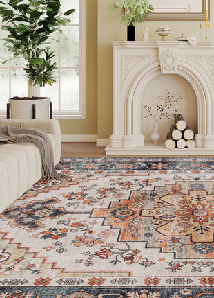 Area Rug 8x10, Machine Washable Rug, Non-Slip Boho Print Pattern Medallion Carpet for Living Room, Bedroom, Tawny Brown
