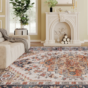 Area Rug 8x10, Machine Washable Rug, Non-Slip Boho Print Pattern Medallion Carpet for Living Room, Bedroom, Tawny Brown