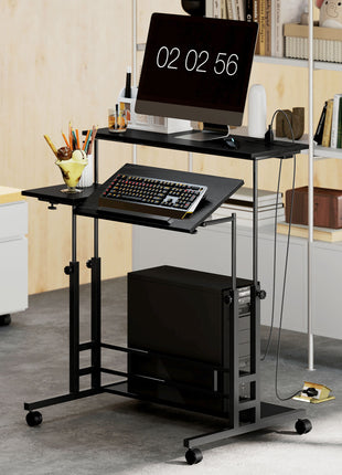 Adjustable Standing Desk with Power Outlets, Stand Up Desk with Tiltable Tabletop, Wheels, Shelf, for Home Office, Black