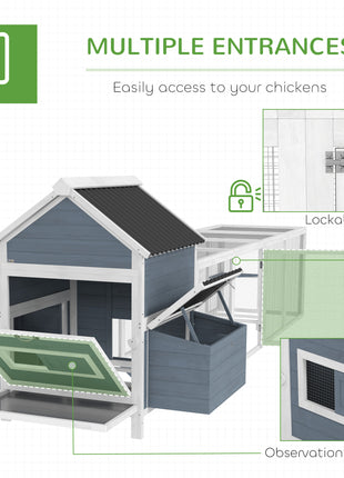 156" Extra Large Wooden Chicken Coop with 2 Nesting Box, Run Cage, Waterproof Wave Roof, for 10-15 Chickens, Light Gray