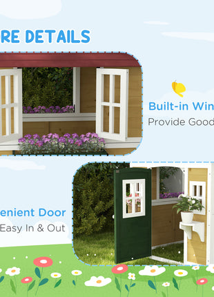 Wooden Playhouse for Kids Outdoor with Doors, Windows, Planter Pots and Boxes for Toddlers 3-8 Years, Beige