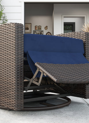 Outdoor Wicker Chair, Reclining Backrest, Lifting Footrest, 360° Rotating Basic, Water Resistant Cushions, Dark Blue