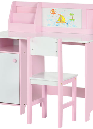 Toddler Table and Chair Set, Kids Writing Desk Homework Table with Whiteboard, Storage Cabinet, Pink