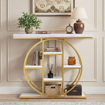 39.4" Console Table with Storage Shelves, Industrial Sofa Table for Living Room, Hallway, White Marble Effect