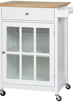 27" Rolling Kitchen Island Cart with Drawer and Glass Door Cabinet, Kitchen Trolley with Adjustable Shelf and Towel Rack, White