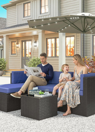 3 Piece Patio Furniture Set, Wicker Outdoor Patio Conversation Furniture Set with Cushions, Glass Top Table, Navy Blue