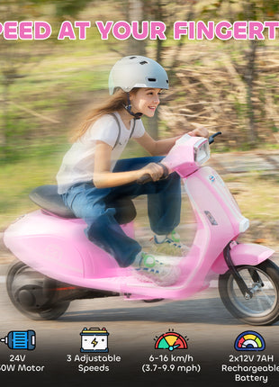 24V Kids Motorcycle with 3-Speed, Electric Motorcycle with Rear Suspension and LED Lights for 8-12 Years Old, Pink