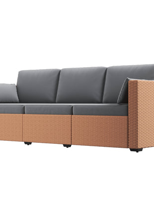 Patio Couch PE Wicker Deep Seating Outdoor Sofa with Removable Cushions, 3 Seater Rattan Sofa, Outdoor Furniture for Balcony, Deck, Garden and Poolside, Sand