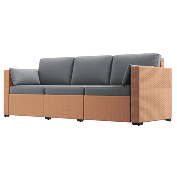 Patio Couch PE Wicker Deep Seating Outdoor Sofa with Removable Cushions, 3 Seater Rattan Sofa, Outdoor Furniture for Balcony, Deck, Garden and Poolside, Sand