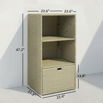 Valet Pool Towel Rack, Water-Resistant PE Plastic Rattan Wicker Storage Organizer, 2 Shelves, 1 Basket Drawer