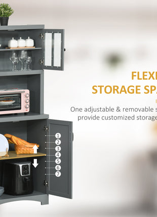 Storage Cabinet with Adjustable Shelves and Microwave Space, 70" Pantry Cabinet with Glass Framed Door, Gray