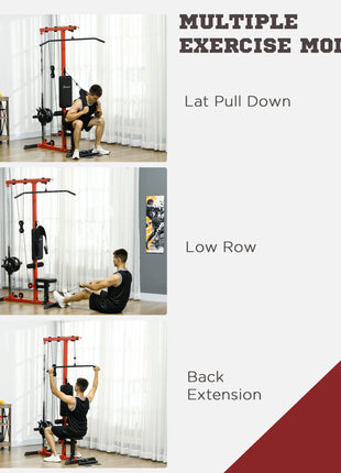 Lat Pull Down Machine, High / Low Pulley Machine with Adjustable Seat and Flip-Up Footplate, Red