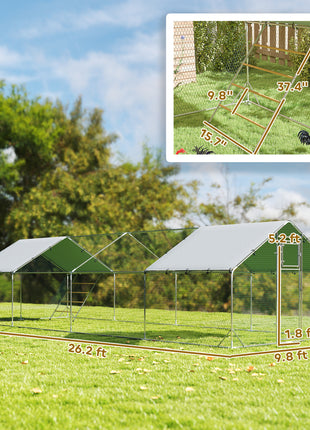 Metal Chicken Coop, 26' x 10' x 6.4' Large Chicken Run with Feeding Door, Waterproof Cover, Hanging Feeder, Perch