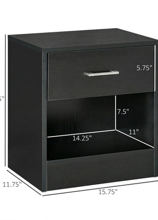 Modern Side Table with Drawer and Storage Shelf, End Table for Living Room, Black Wood Grain