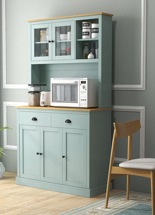 Kitchen Pantry Storage Cabinet with Microwave Stand, 71" Modern Kitchen Hutch with Open Countertop, Glass Doors, Storage Drawers and Adjustable Shelves for Dining Room, Coffee Bar, Light Green