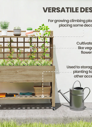 41" Raised Garden Bed Mobile Elevated Wooden Planter Box Stand with Wheels, Trellis and Storage Shelf, Dark Brown