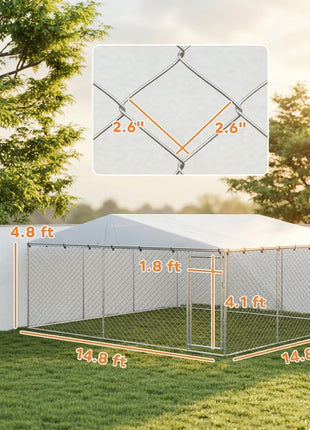 15' x 15' x 7' Dog Kennel Outdoor for Small Medium Large Dogs with Waterproof Roof, Silver