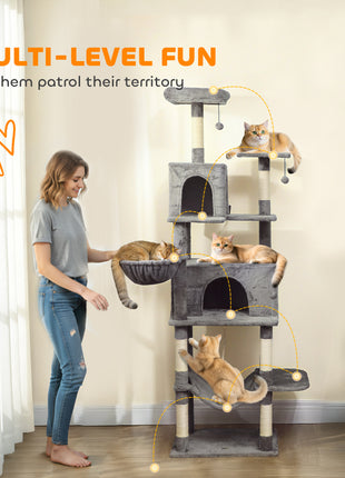Multi-Level Cat Tower, 80" Tall Cat Tree, with 2 Condos, 2 Hammocks, 6 Sisal Scratching Posts, Dark Gray