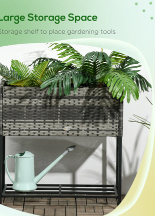 Raised Garden Bed, Elevated Planter Box with Rattan Wicker Look, Tool Storage Shelf, Portable Design for Herbs, Vegetables, Flowers, Gray