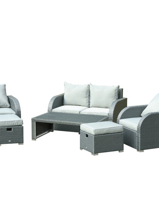 6-PCs Patio Furniture Sets Outdoor Wicker Sofa Set Rattan Angle Adjustable Recline Single Chair Conversation Set, Ottomans, w/ Polyester Tea Table Gas Spring  & Soft Washable Cushions, Grey