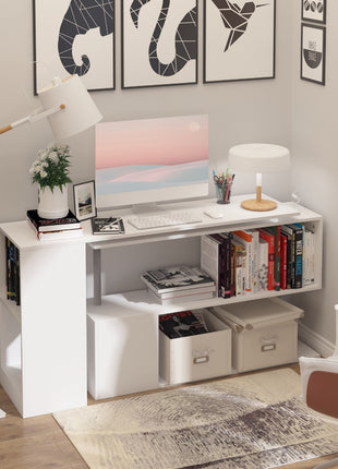 55" 360° Rotating Corner Computer Desk Modern L-Shaped Home Office Workstation with 3-Tier Storage Shelves, Bookshelf, White