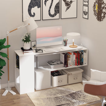 55" 360° Rotating Corner Computer Desk Modern L-Shaped Home Office Workstation with 3-Tier Storage Shelves, Bookshelf, White