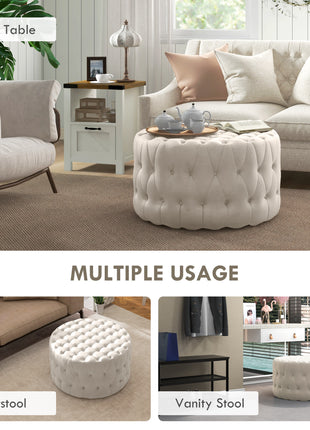 Round Ottoman Coffee Table with Velvet-feel Upholstery, Button Tufted Design and Padded Seat, Beige