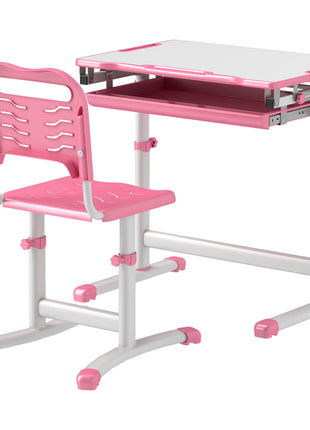 Height Adjustable Kids Desk and Chairs Set with Tilt Desktop, Storage Drawer, Pen Slot, Hook, Pink