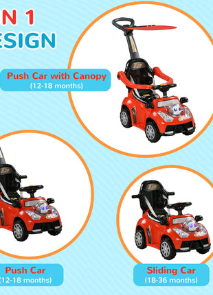 3 in 1 Push Car Sliding Car with Removable Handle, Music, Horn, Canopy, Safety Guardrail, Red