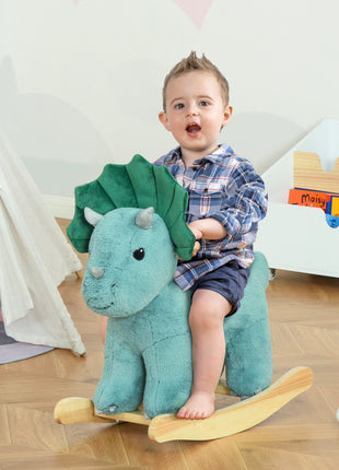 Kids Plush Ride-On Rocking Horse Triceratops-shaped Plush Toy Rocker with Realistic Sounds for Child 36-72 Months Green
