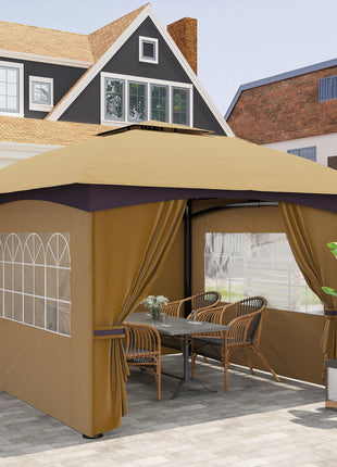 11' x 11' Outdoor Gazebo, Double Roof Patio Gazebo with Curtains, Church Windows, Galvanized Steel Frame, Beige