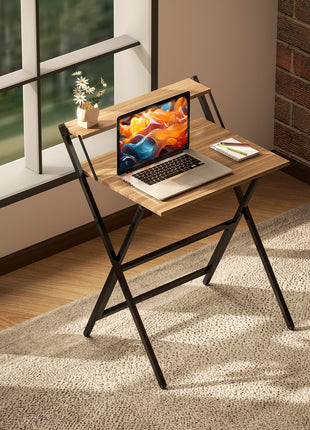 Folding Computer Desk, 27.6" Foldable Desk with Monitor Shelf for Small Space, Home Office, Study, Easy Assembly, Walnut